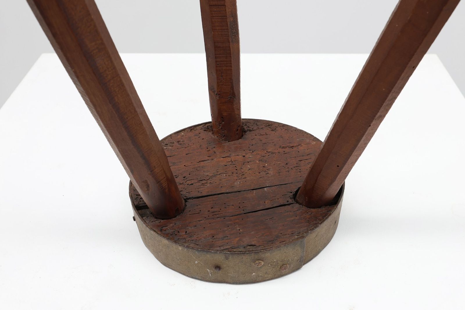Brutalist French Oak Tripod Stool With Metal Rim, 1850s photo vintage