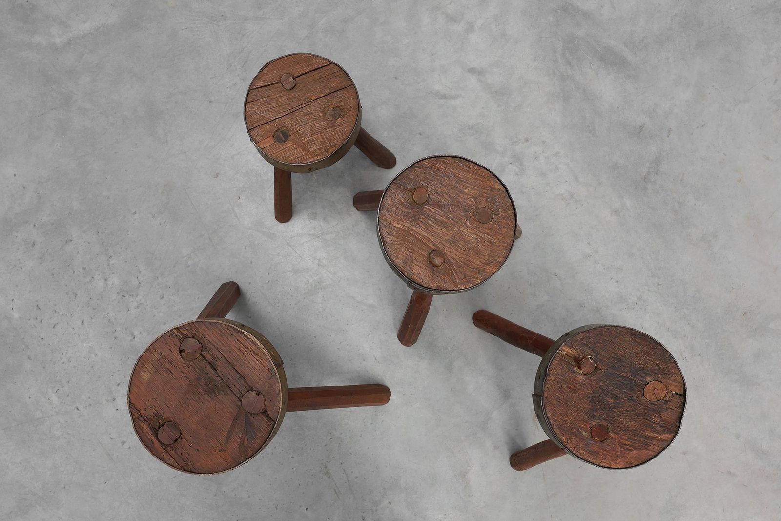 989.0 Brutalist French Oak Tripod Stool With Metal Rim, 1850s photo