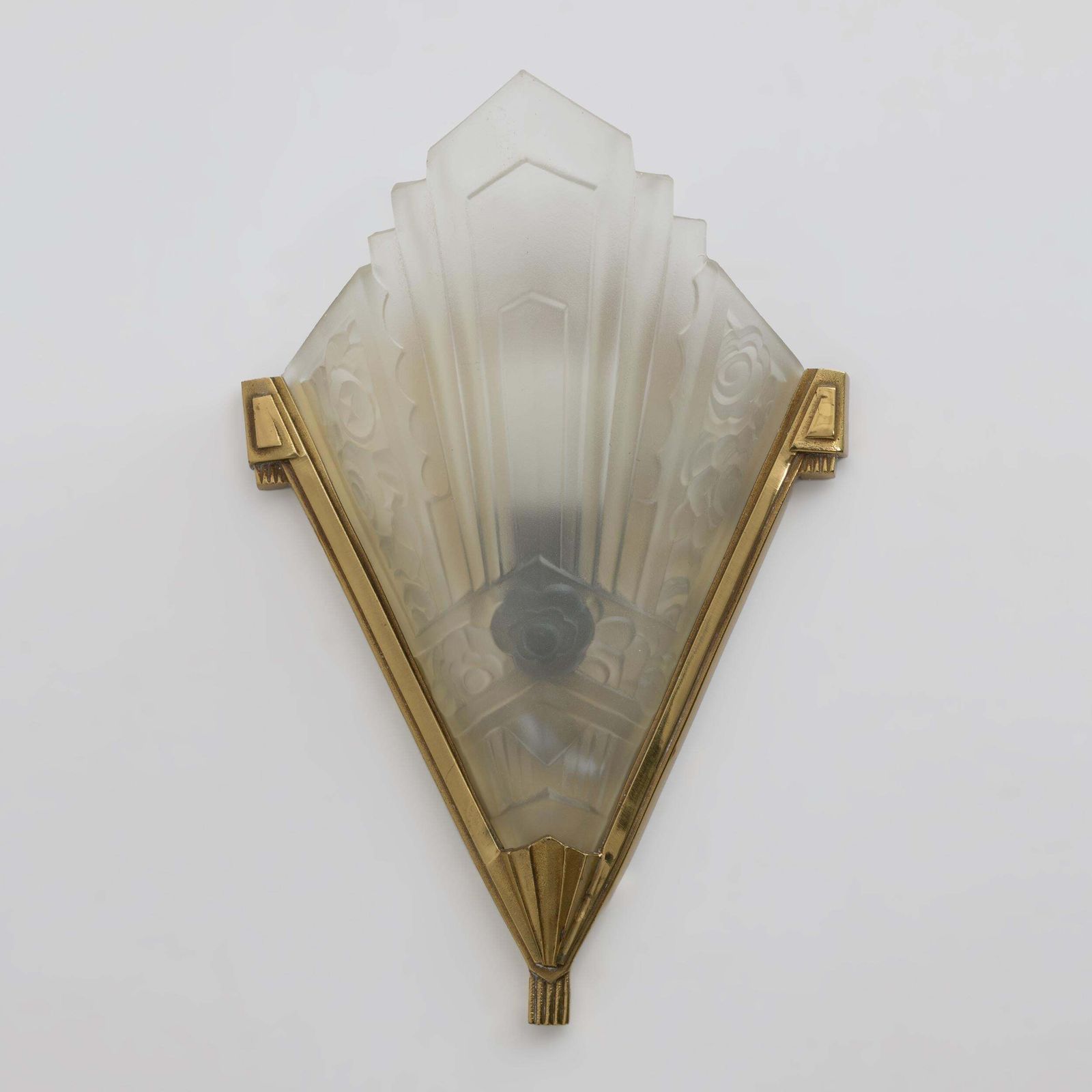 Pair Of Art Deco Pressed Glass And Brass Sconces, France, 1930s photo 2303.0