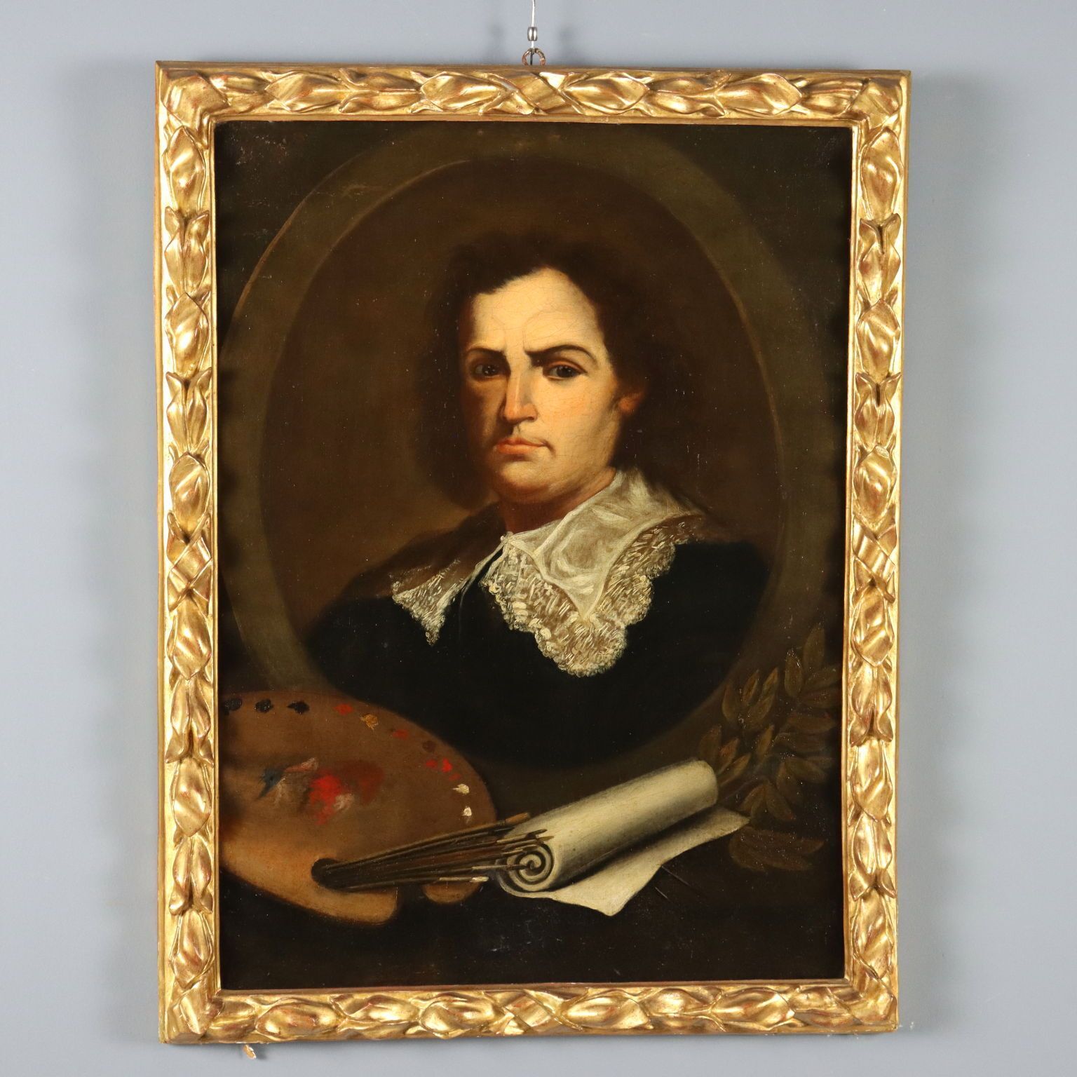 Antique Painting Portrait Of A Painter Oil On Canvas XVIII Century