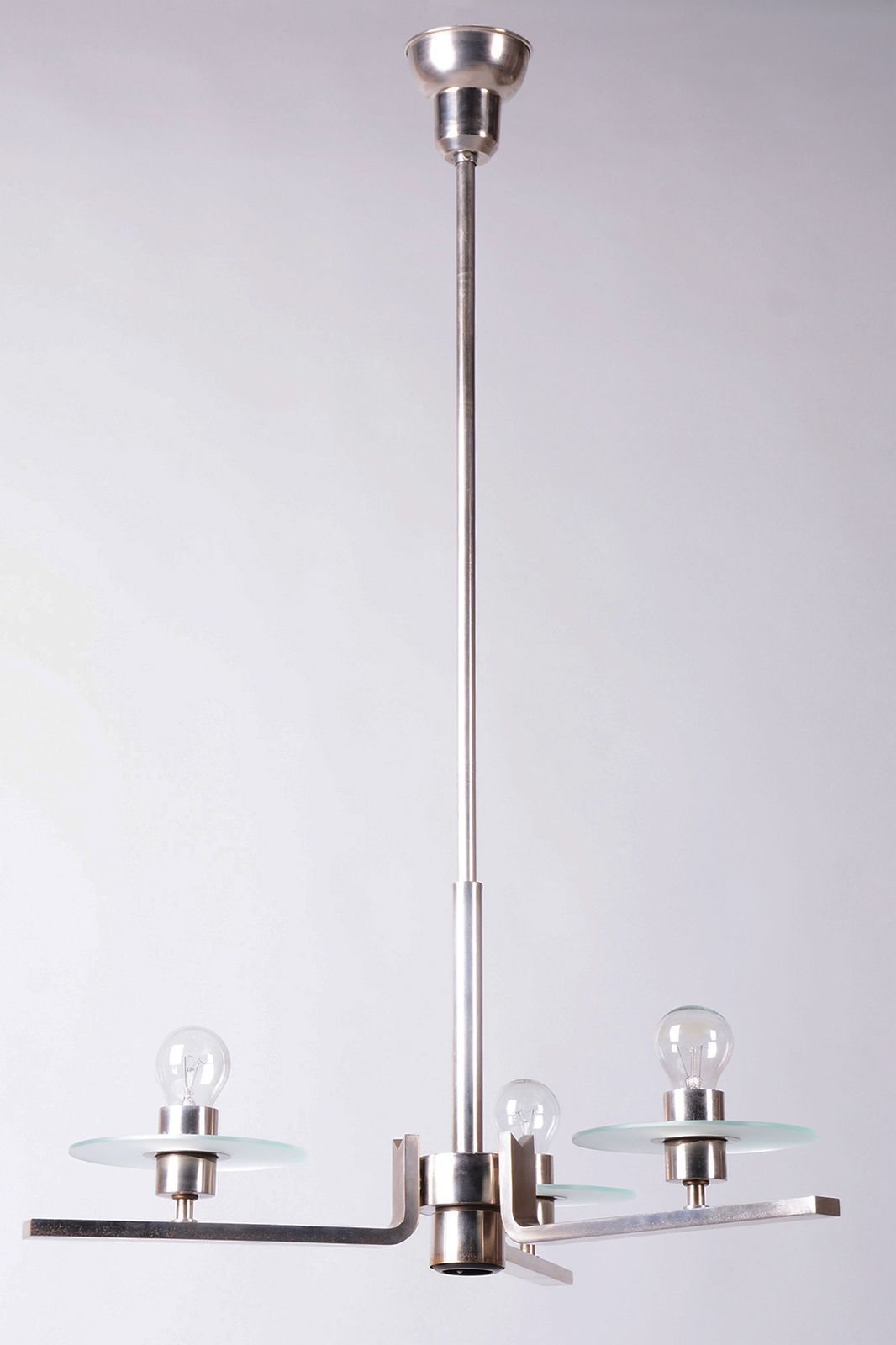 Restored Bauhaus Chandelier, Nickel Plated Steel, Opaline Glass, Czech, 1930s