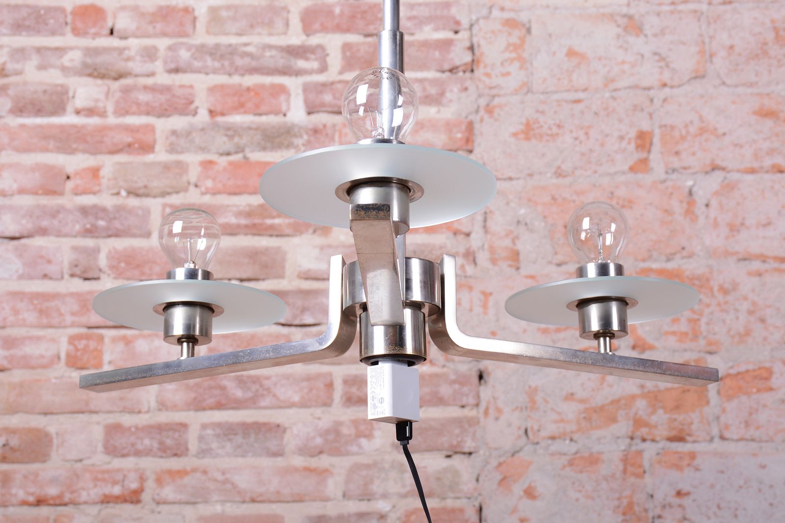 Restored Bauhaus Chandelier, Nickel Plated Steel, Opaline Glass, Czech, 1930s photo furniture