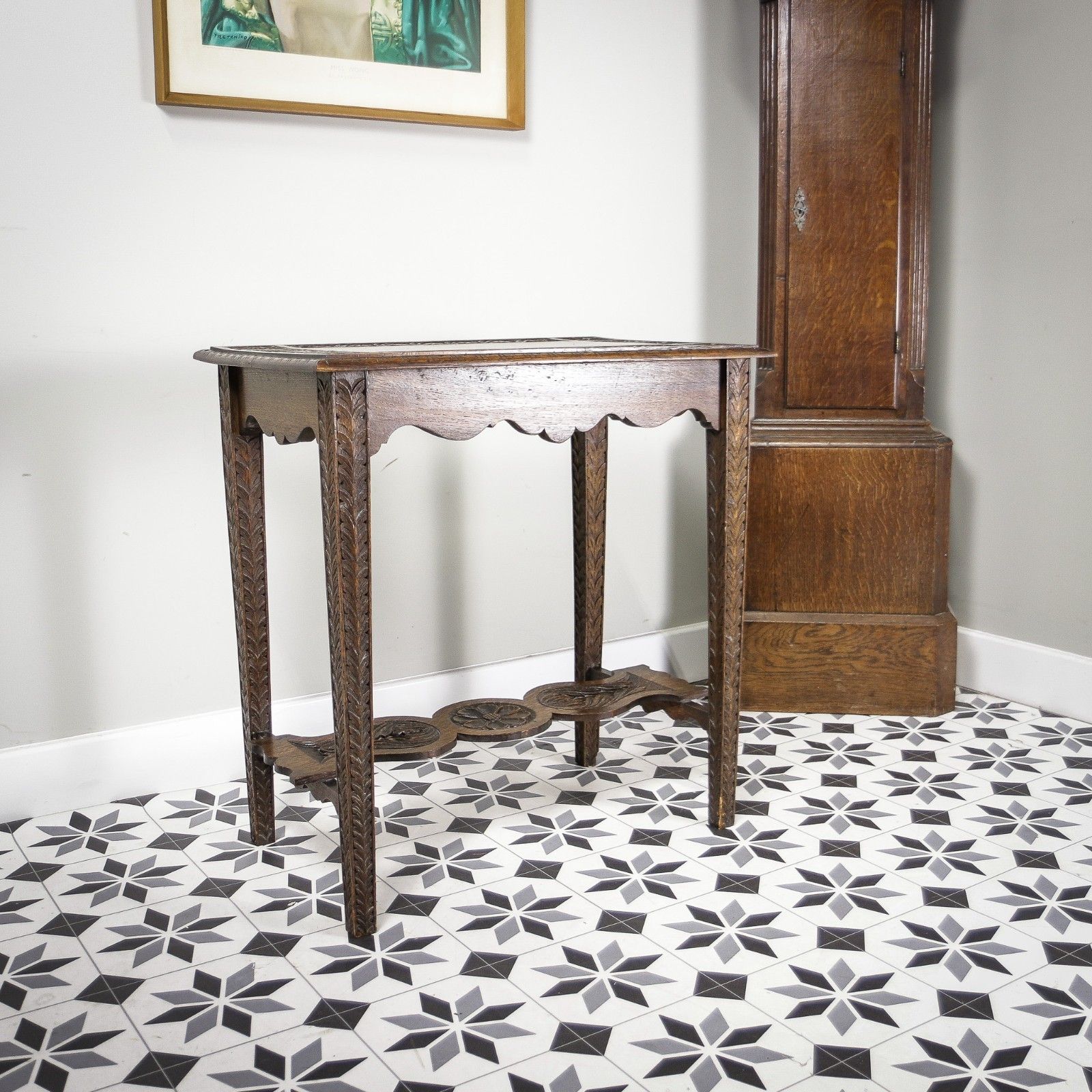 Oak Side Table Or Hall Table Heavily Carved Top, Legs And Stretcher Victorian photo Furniture