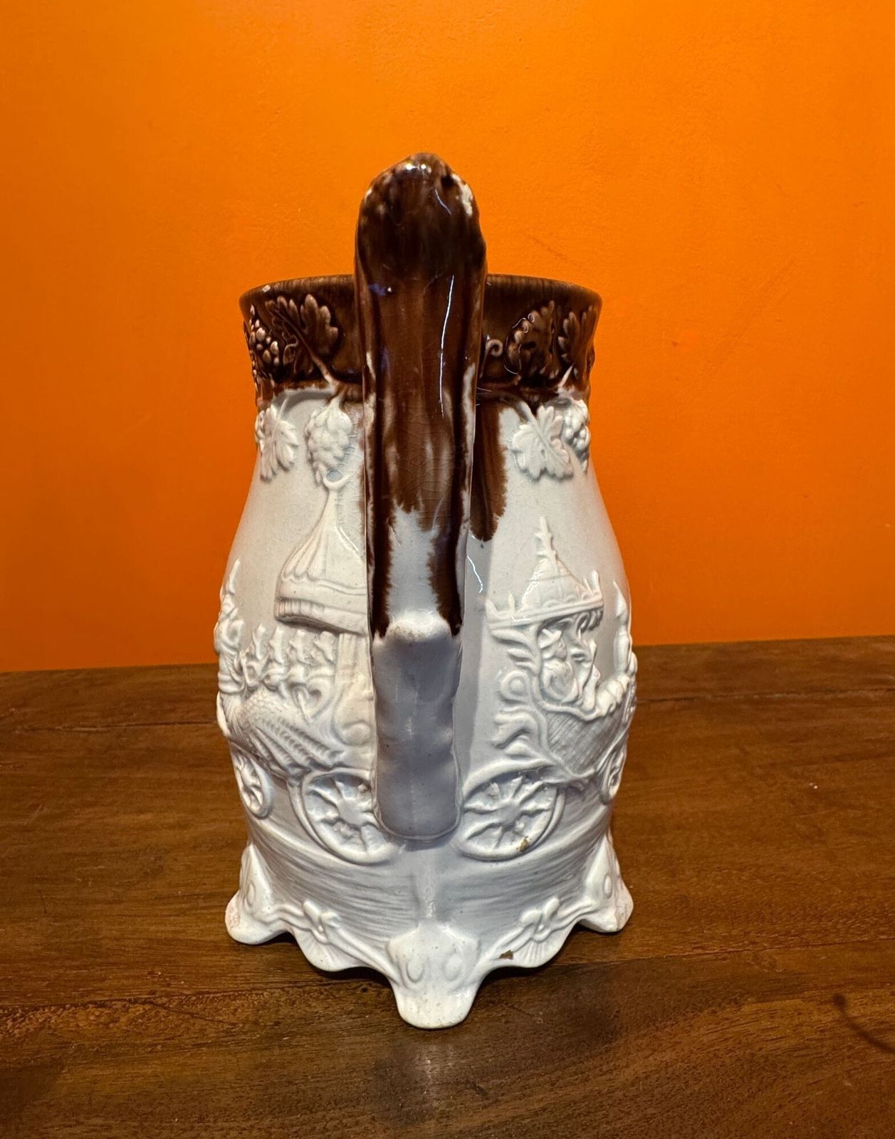 Victorian Yorkshire Pottery Jug Moulded With An Indian Carriage Scene photo for sale