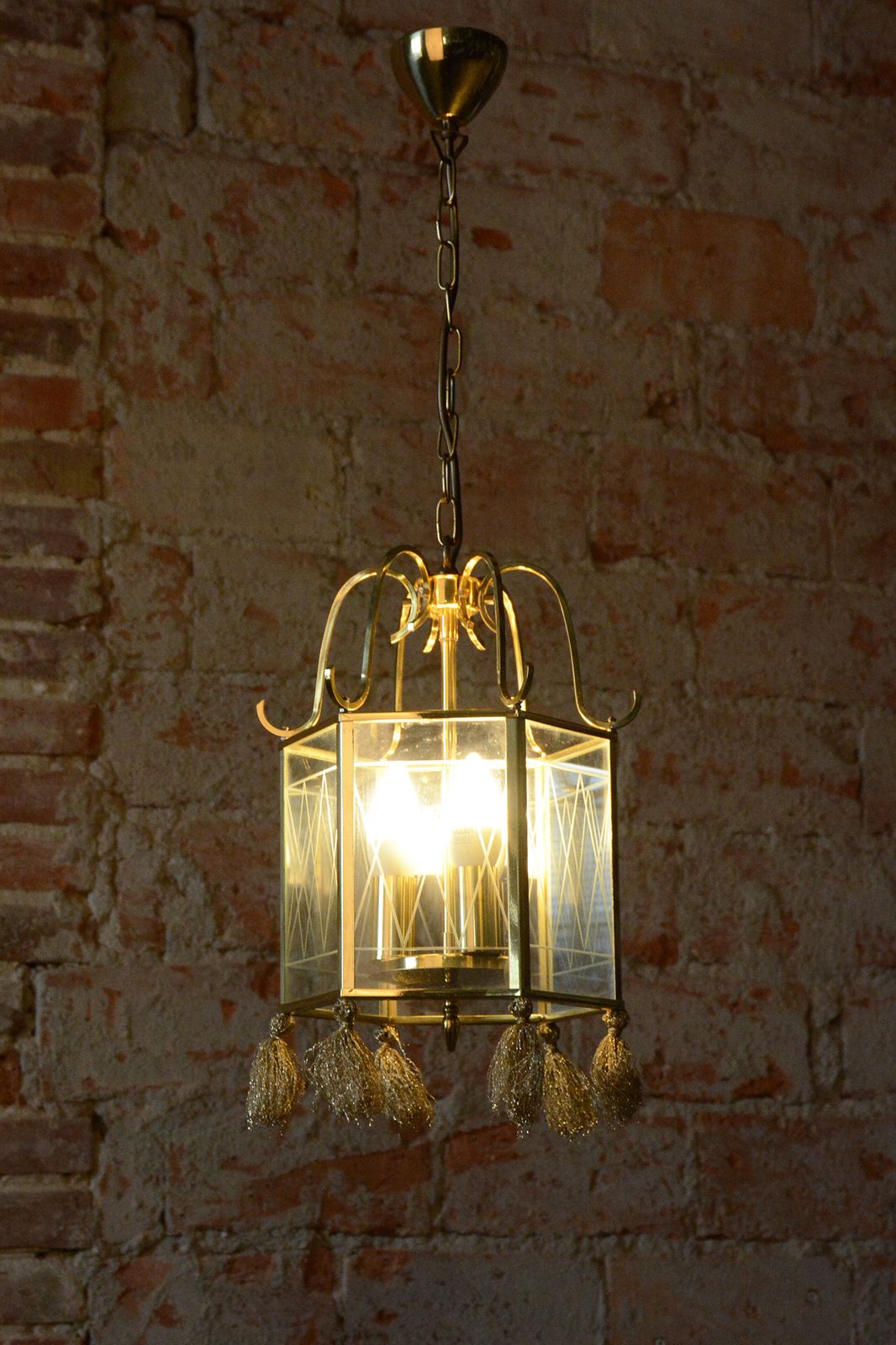 Restored Art Deco Chandelier, Brass, Glass, Rewired, Sweden, 1940s photo Lighting