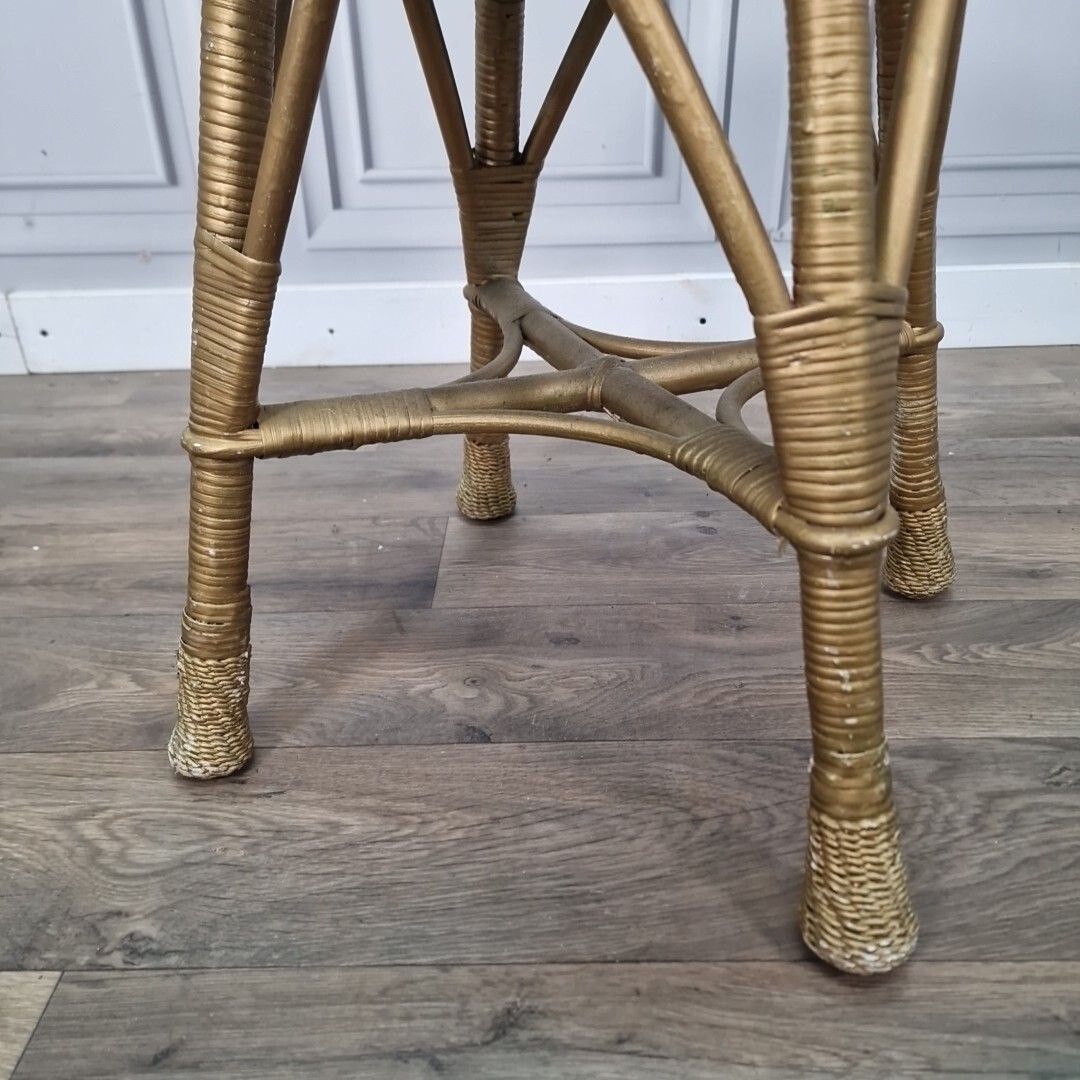 photo for sale Retro Vintage Round Table Cane Small Gold Stool Wicker Weaved Dressing Seat