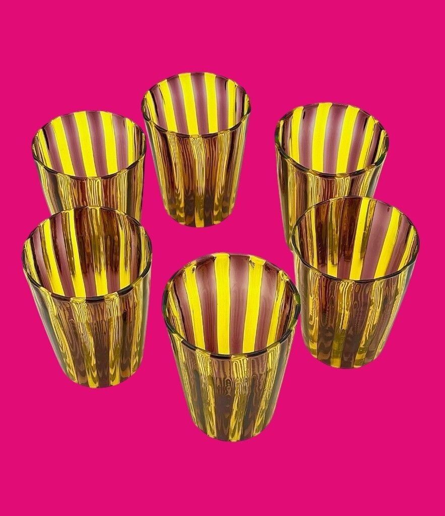 A Set Of Six Wonderful Italian Handblown Murano Glass Tumblers With Brown And White Stripes photo furniture