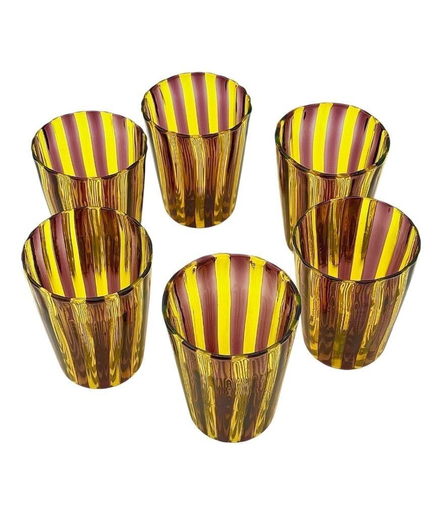 A Set Of Six Wonderful Italian Handblown Murano Glass Tumblers With Brown And White Stripes photo vintage