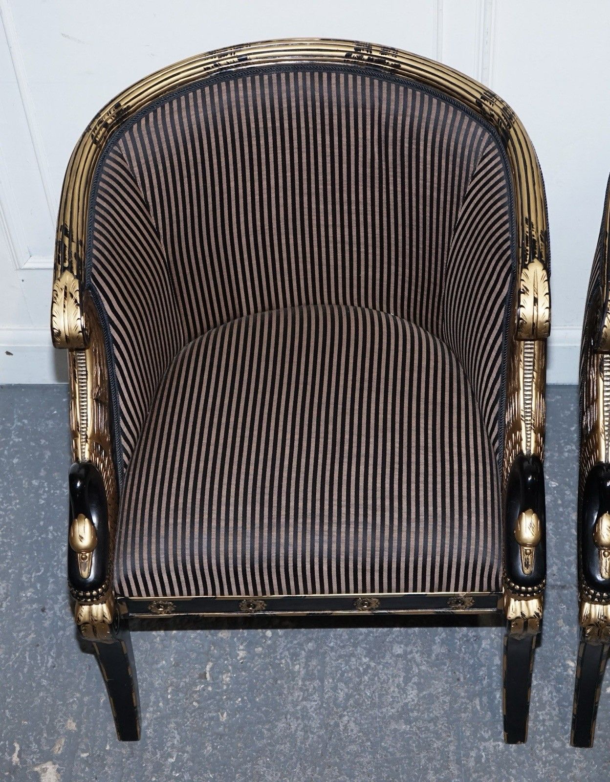 Furniture Lovely Pair Of Black Lacquered And Gilt Upholstered Open Armchairs photo