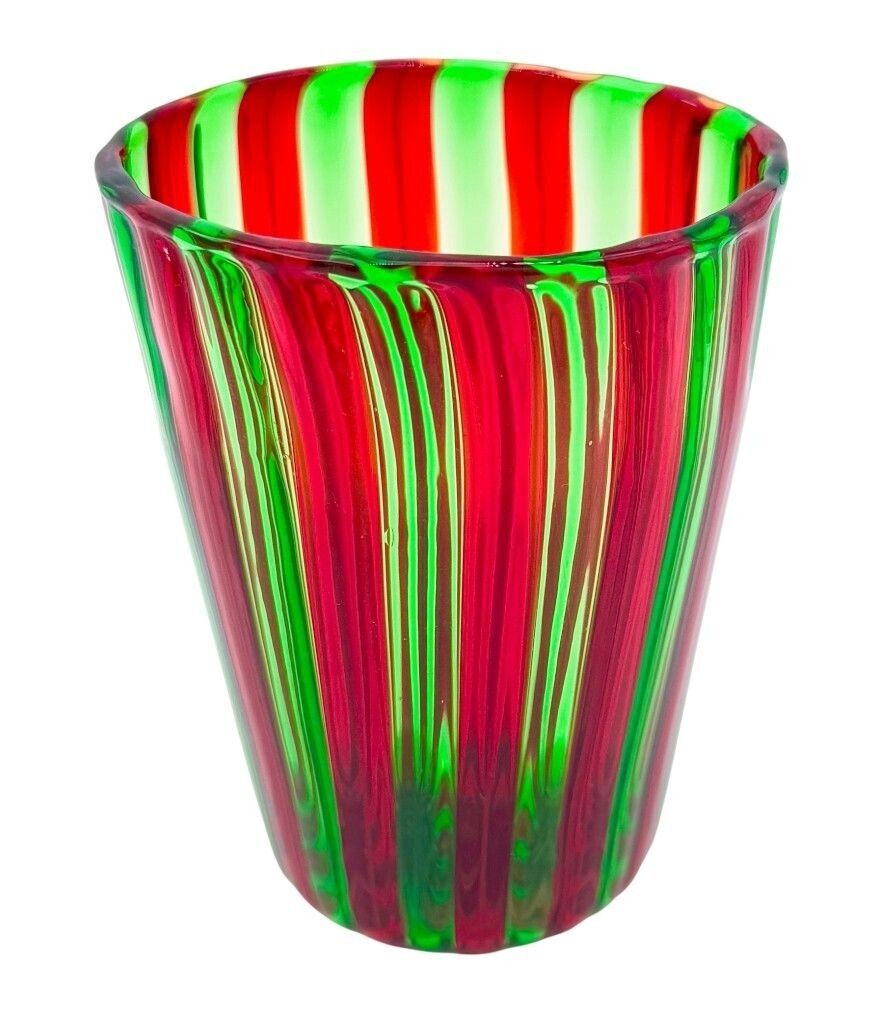 A Set Of Six Wonderful Italian Handblown Murano Glass Tumblers With Green And Red Stripes photo Home Decor