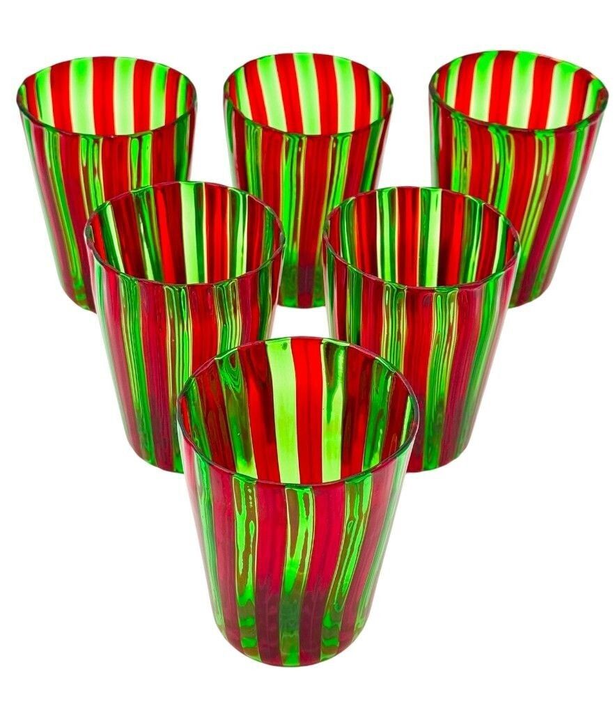 550.0 A Set Of Six Wonderful Italian Handblown Murano Glass Tumblers With Green And Red Stripes photo