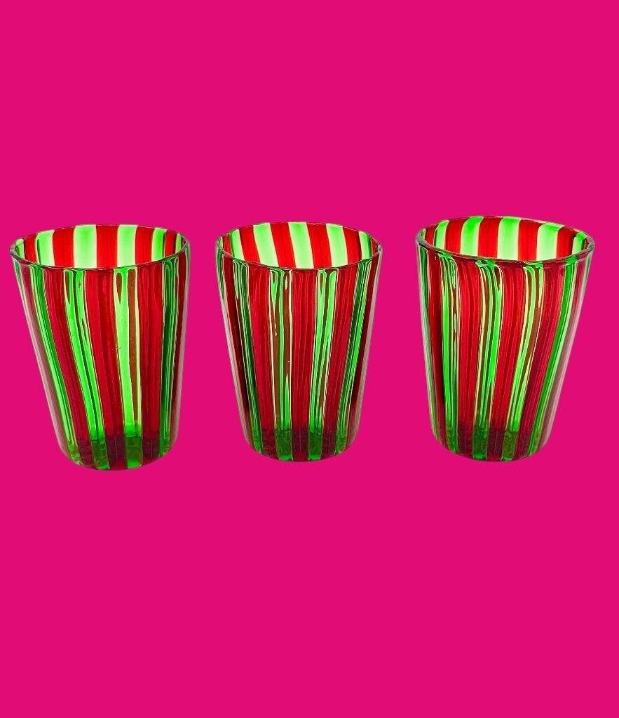photo buy A Set Of Six Wonderful Italian Handblown Murano Glass Tumblers With Green And Red Stripes