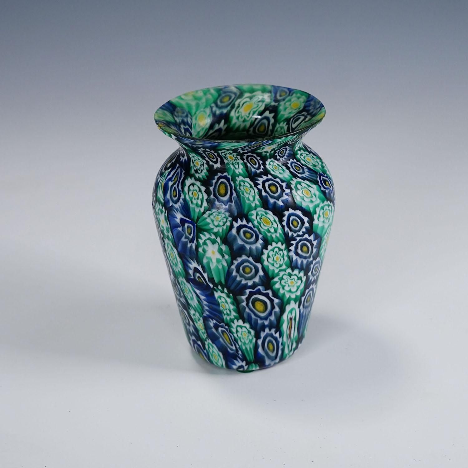 Antique Millefiori Vase Green Blue, Fratelli Toso Murano Ca. 1920s photo furniture