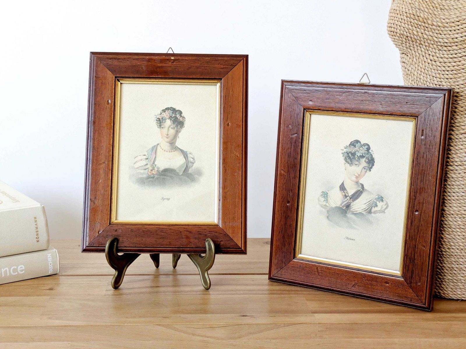 Set Of 2 Vintage Framed Lithographs “Spring & Autumn” By Charles Aubry, Regency Era Portraits