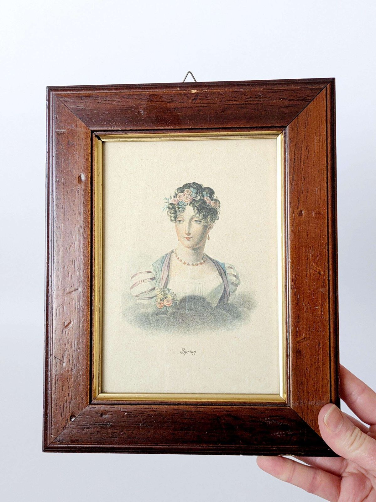 Set Of 2 Vintage Framed Lithographs “Spring & Autumn” By Charles Aubry, Regency Era Portraits photo for sale