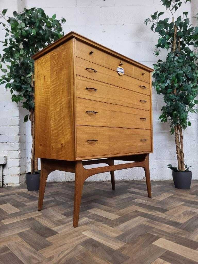 Vintage Mid Century Alfred Cox Walnut Chest Of 5 Drawers Scandi Mcm Retro photo Furniture