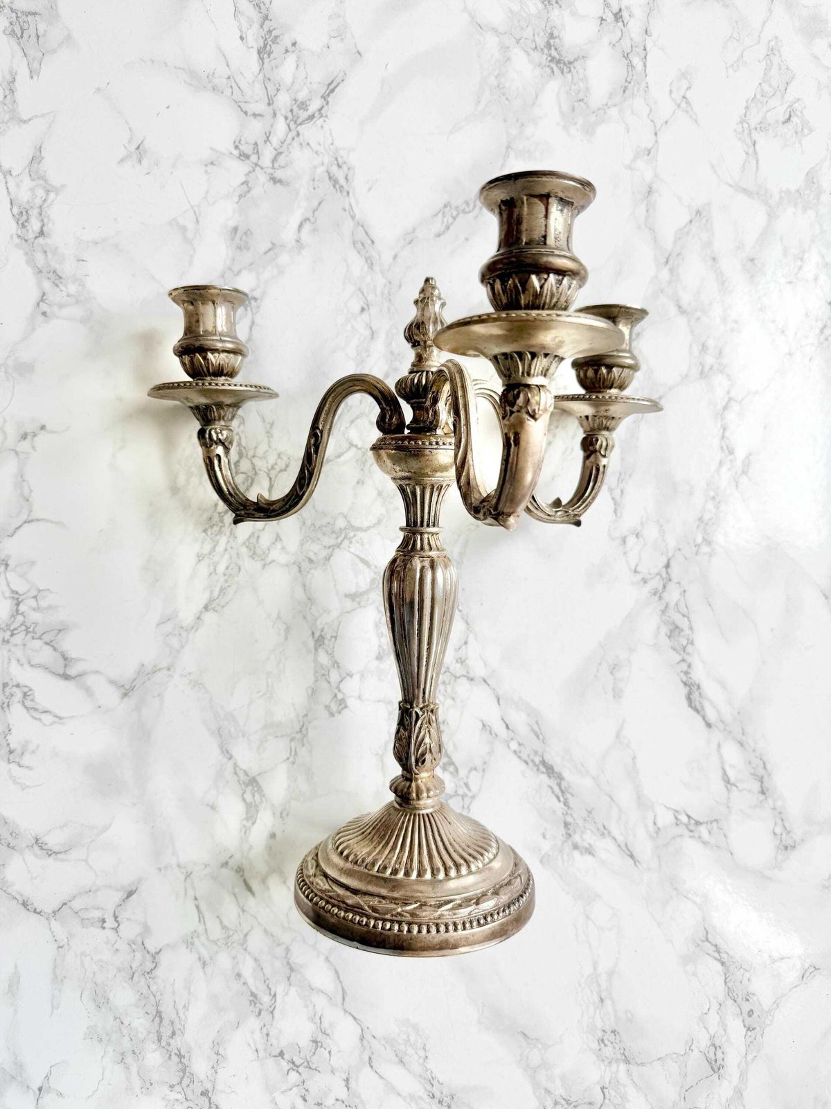 Antique French Very Large Silver Plated Candelabra Pair With 3 Lights 1700 Style, Very Nice Proportions And Fine Decor Table Top photo for sale