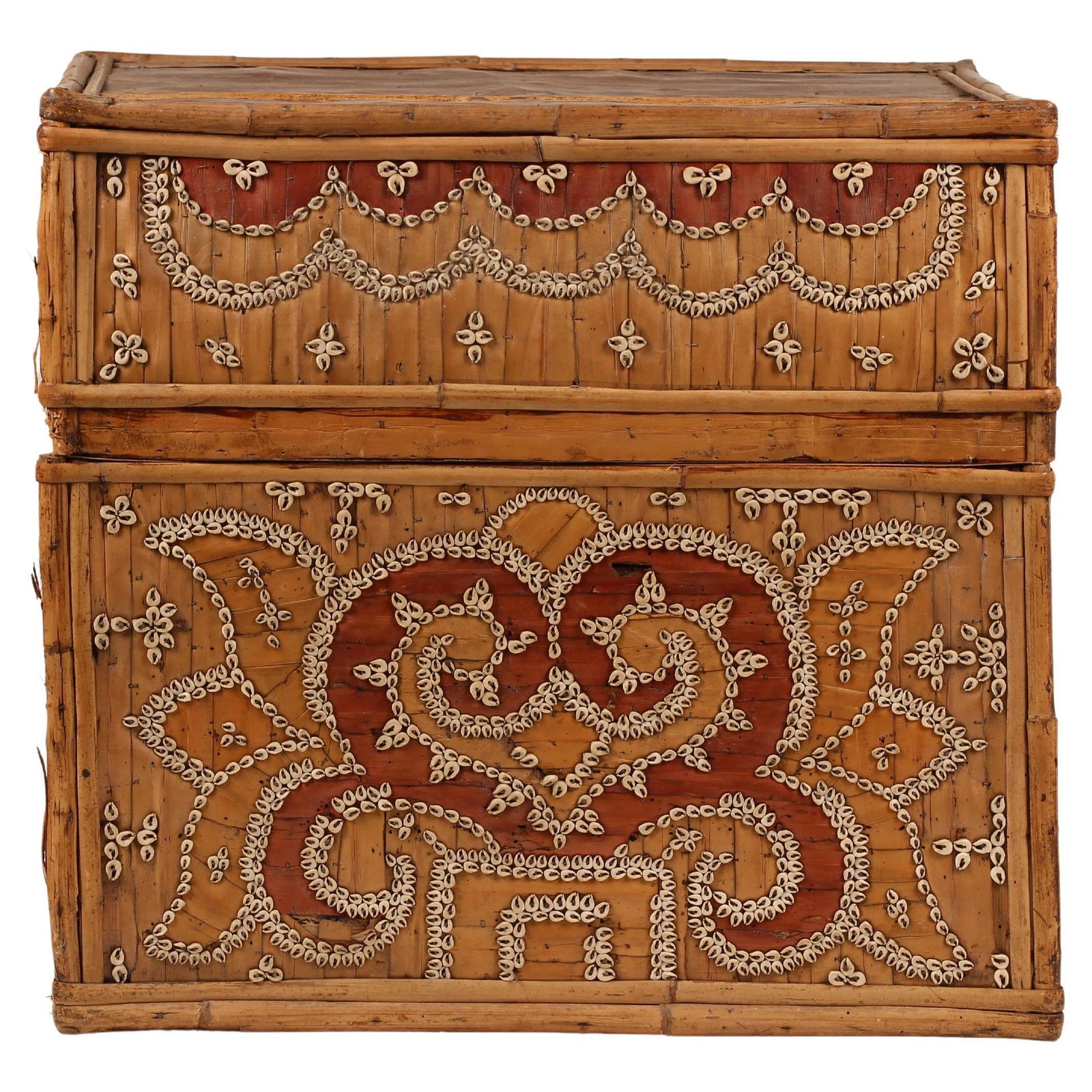 Home Decor Dowry Box, Lombok Indonesia, Cowrie, Painted Palm & Bamboo 1950’s photo
