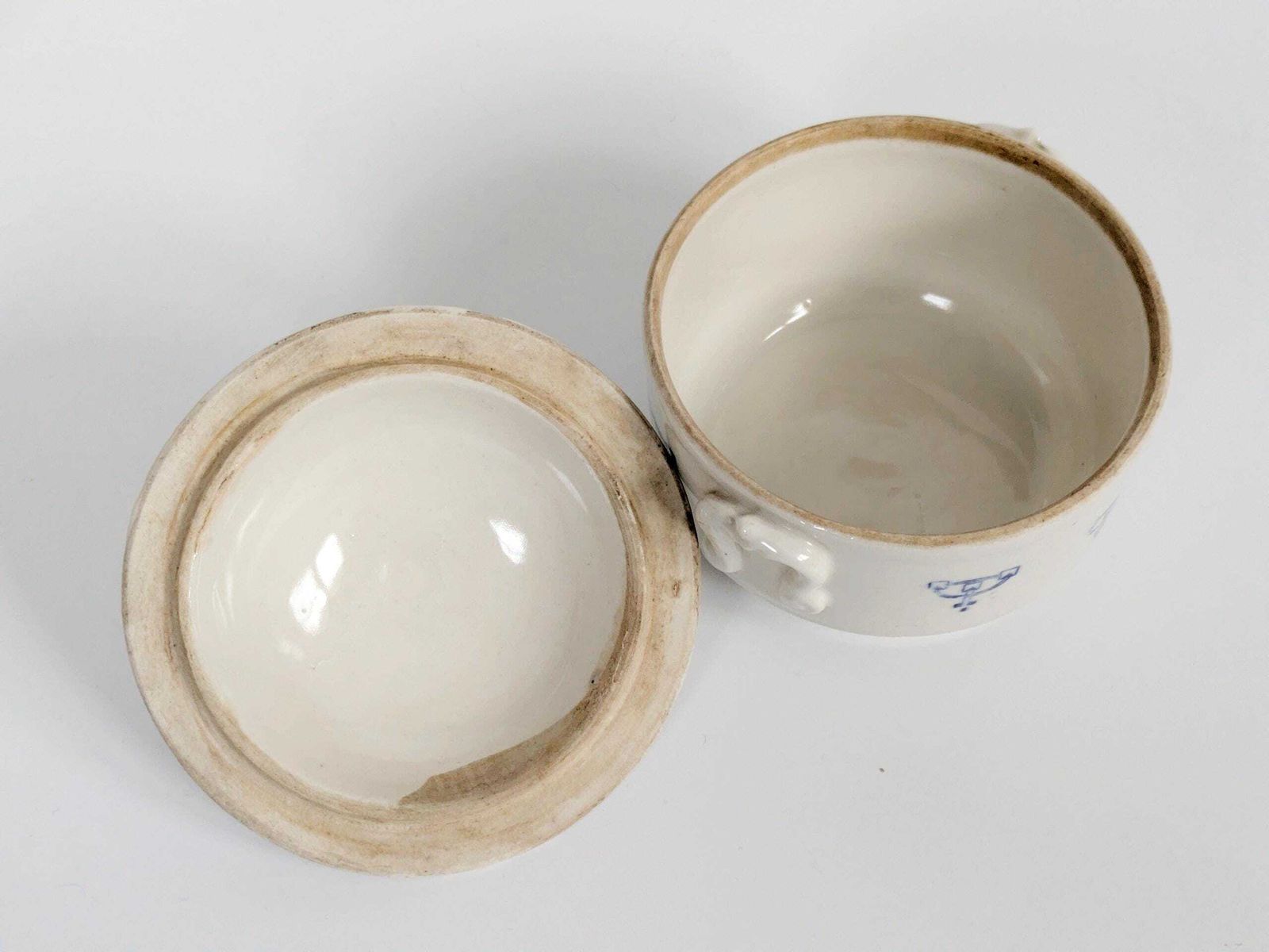 photo buy Set Of 2 Antique Art Deco Saint Uze Lidded Ceramic Pots, French Blue