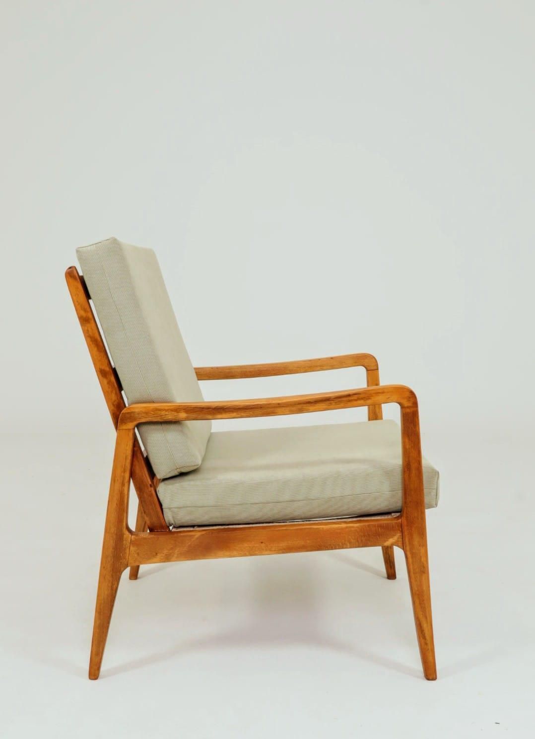 Mid Century Fauteuil Vintage Pastelgroen Corduroy Kussen Houten Loungestoel, Jaren 1980 photo Meubels