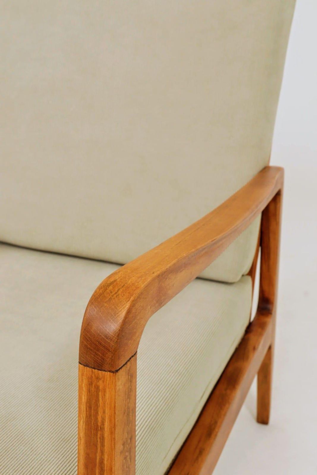 Mid Century Armchair Vintage Pastel Olive Cordury Cushion Wooden Lounge Chair, 1980s photo vintage