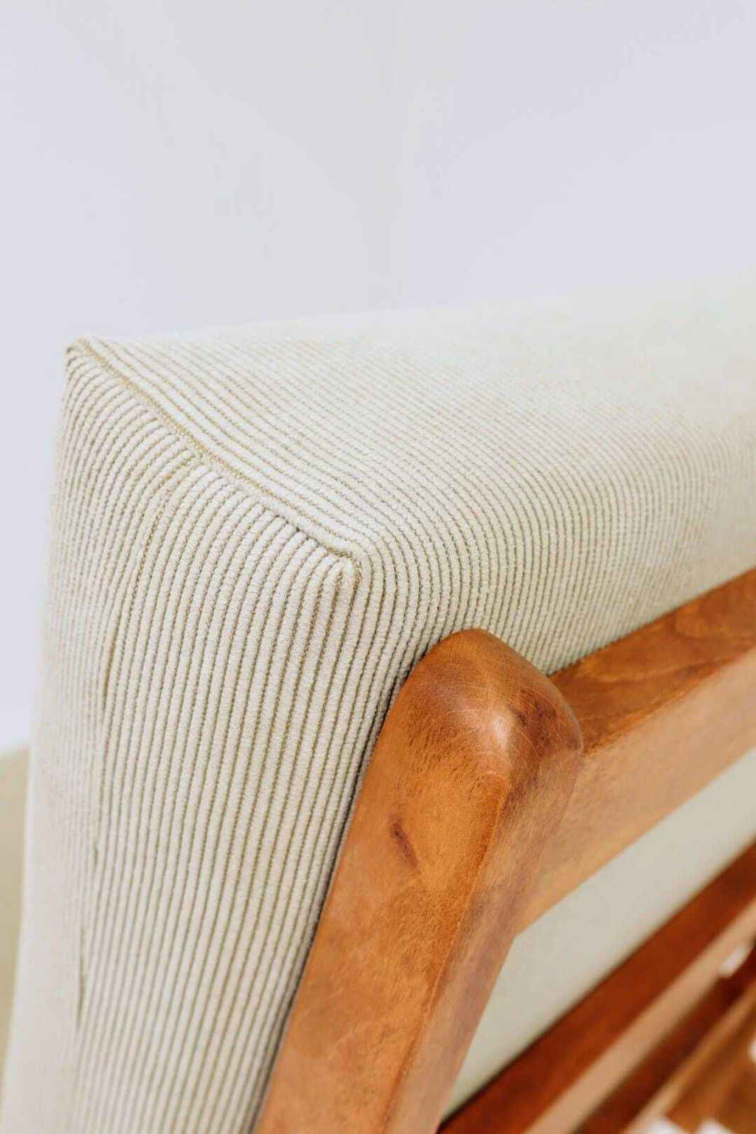 photo for sale Mid Century Armchair Vintage Pastel Olive Cordury Cushion Wooden Lounge Chair, 1980s