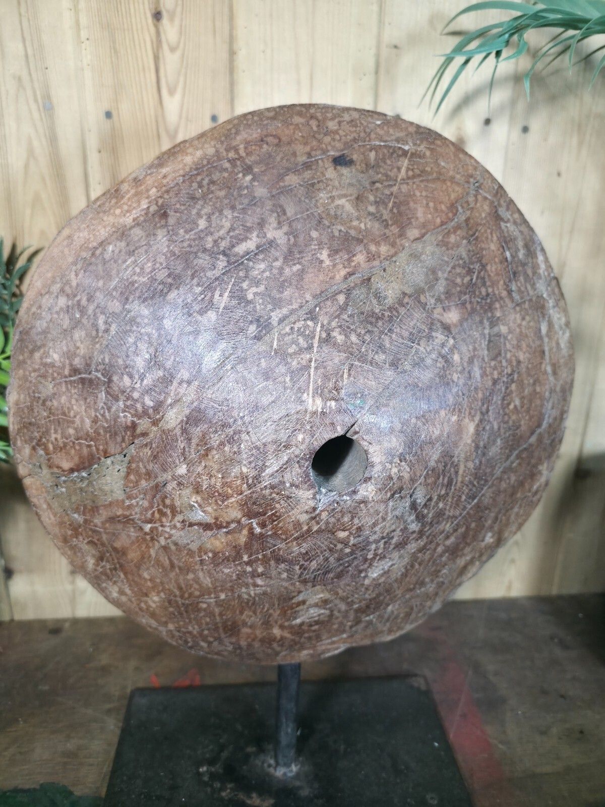 Old Ancient Wabi Sabi Rustic Salvaged Wooden Pulley Cart Wheel Mounted On Stand photo vinterior