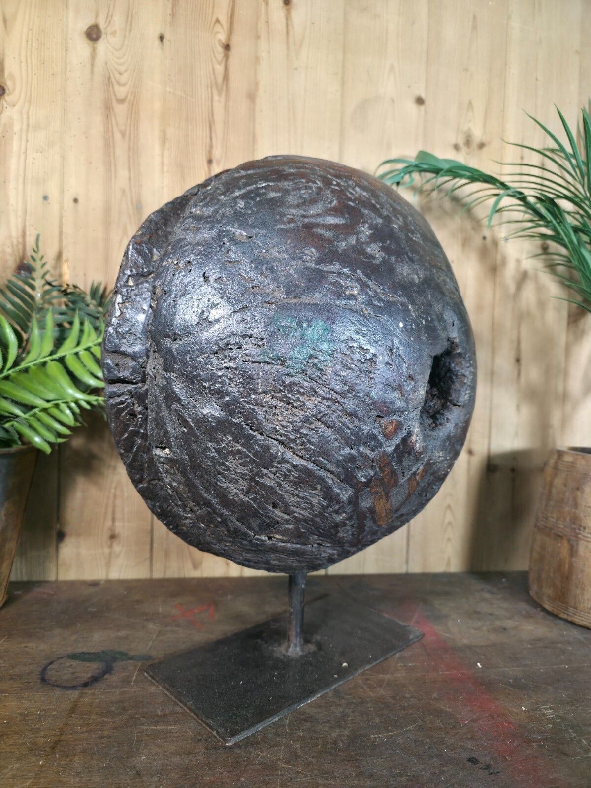 photo furniture Old Ancient Wabi Sabi Rustic Salvaged Wooden Pulley Cart Wheel Mounted On Stand