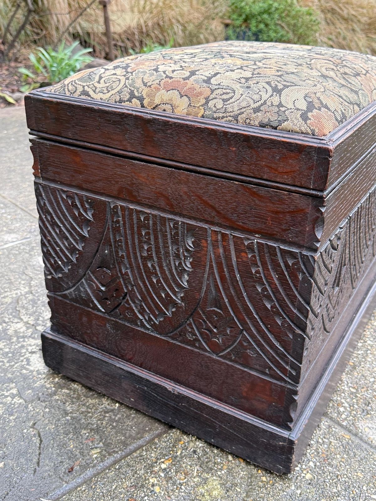 Antique Carved Oak Storage Ottoman Stool, Wooden Storage Box, With Upholstered Lid, Arts & Crafts Era photo buy