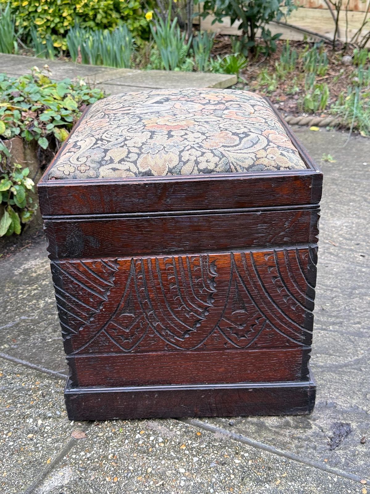 Antique Carved Oak Storage Ottoman Stool, Wooden Storage Box, With Upholstered Lid, Arts & Crafts Era photo vintage