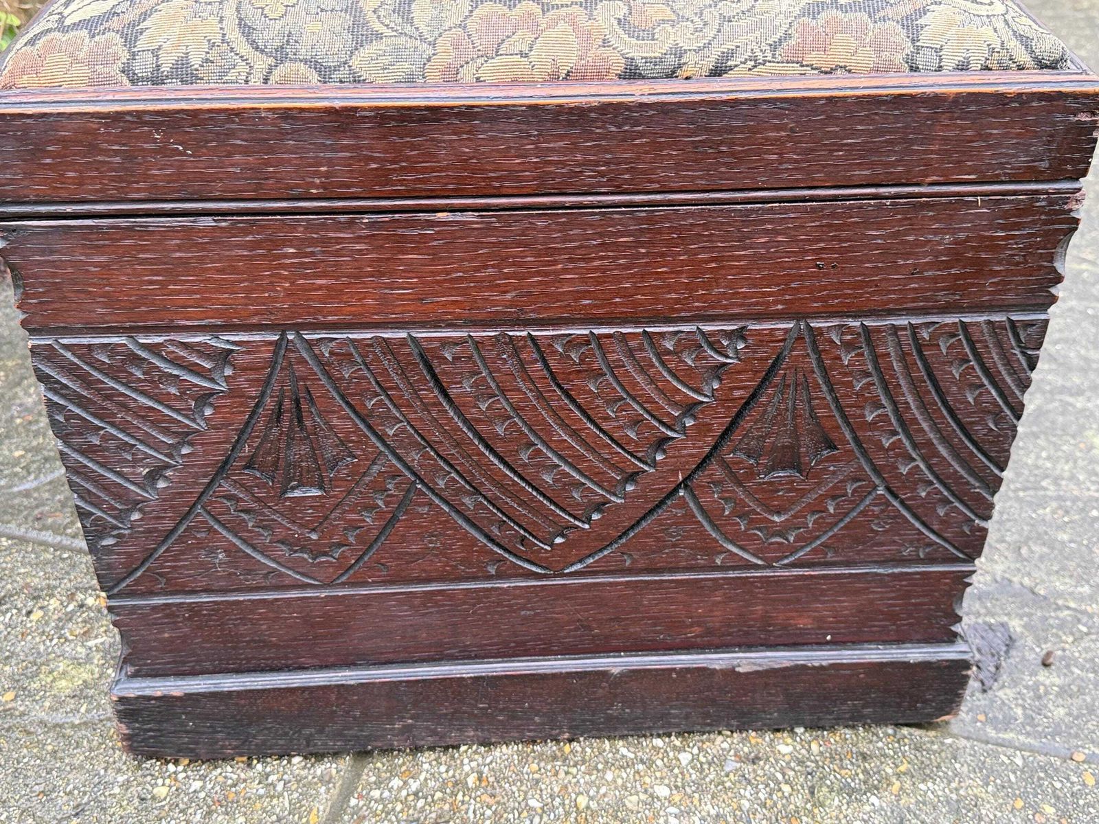 photo furniture Antique Carved Oak Storage Ottoman Stool, Wooden Storage Box, With Upholstered Lid, Arts & Crafts Era