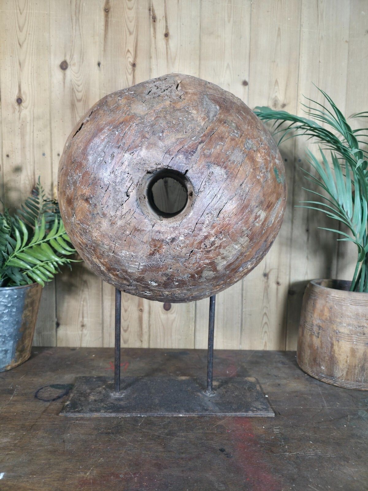 Old Ancient Wabi Sabi Rustic Salvaged Wooden Pulley Cart Wheel Mounted On Stand photo furniture