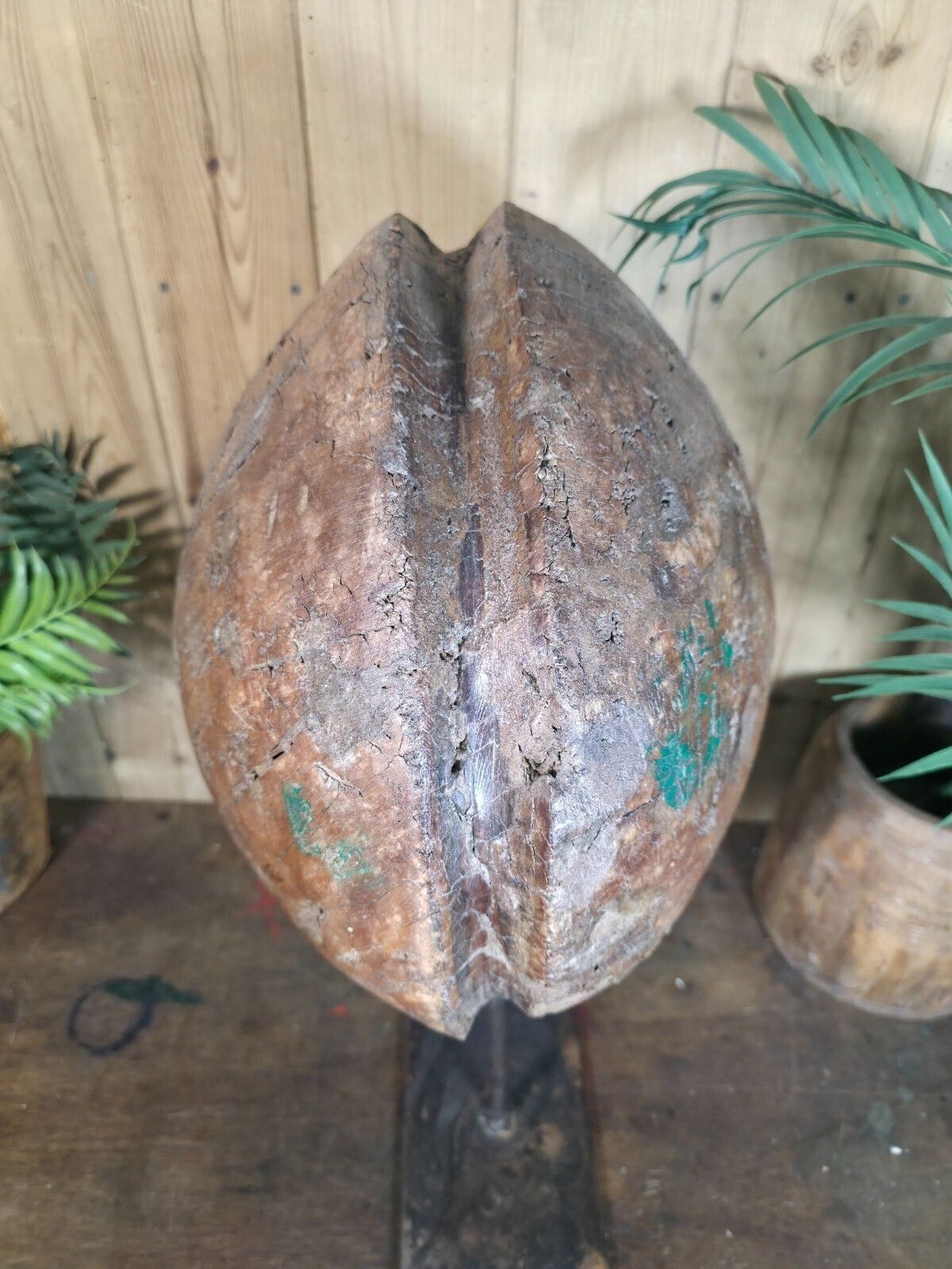Art Old Ancient Wabi Sabi Rustic Salvaged Wooden Pulley Cart Wheel Mounted On Stand photo