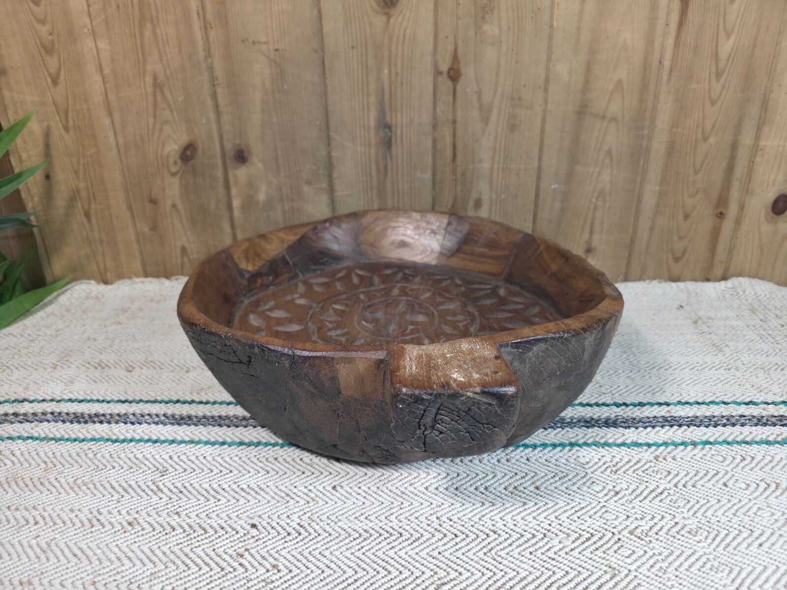 Vintage Rustic Wabi Sabi Indian Hand Carved Wooden Dough Bowl photo 75.0
