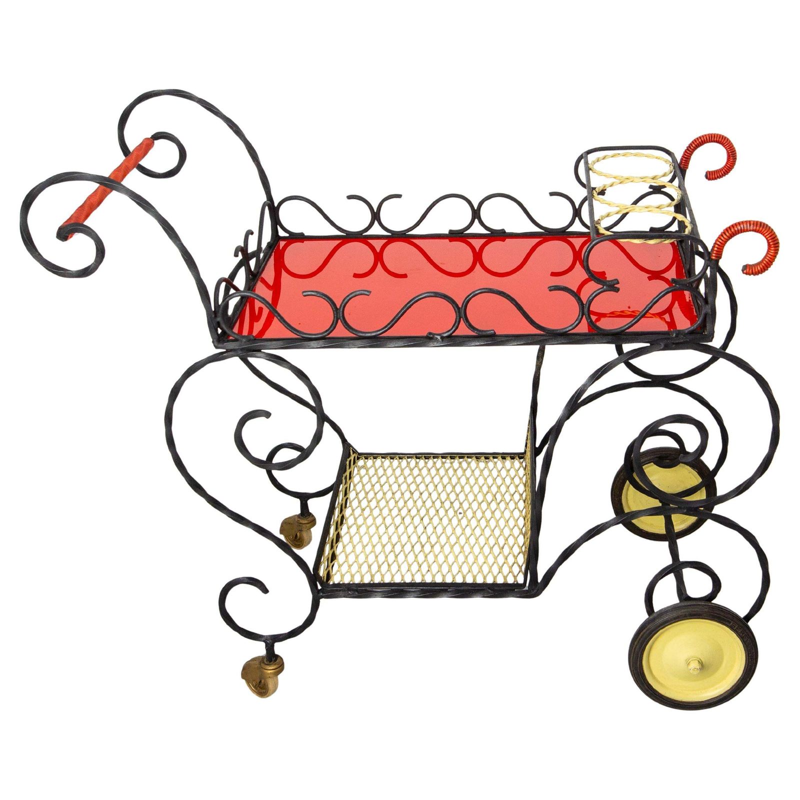 Mid Century Black Metal & Plexiglass Red & Yellow Trolley Bar Cart, Circa 1950