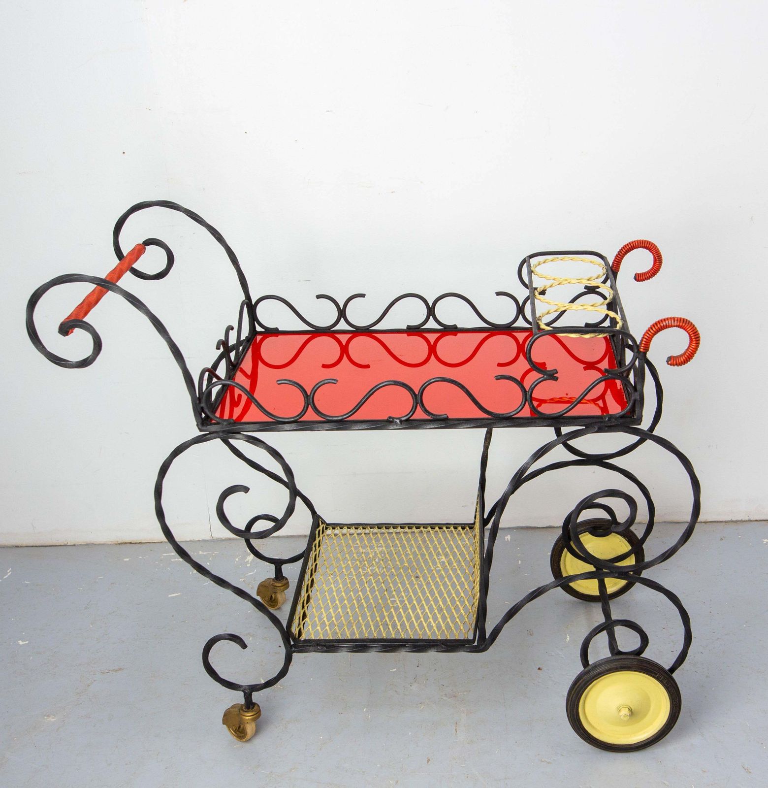 Mid Century Black Metal & Plexiglass Red & Yellow Trolley Bar Cart, Circa 1950 photo furniture