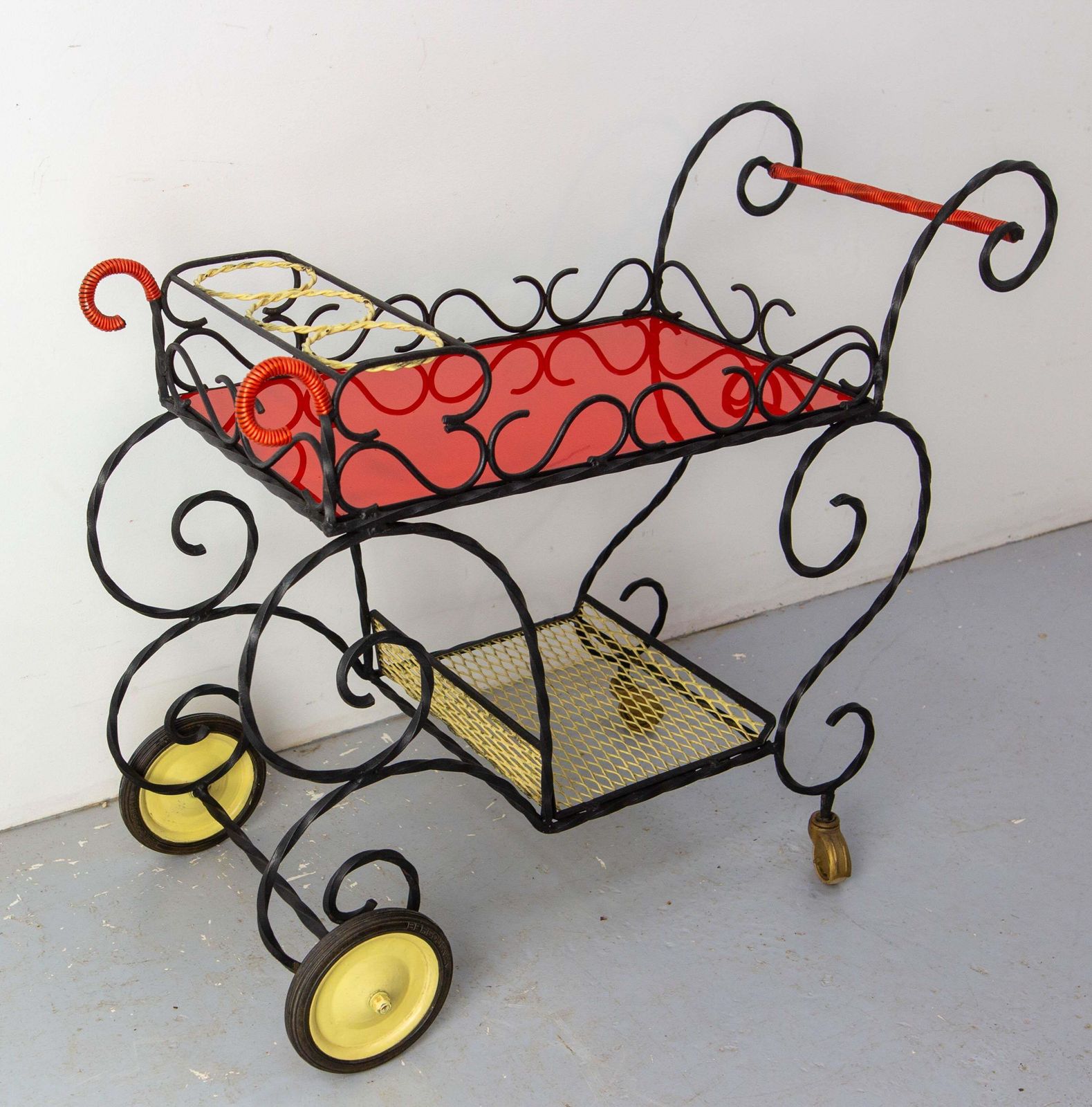 Mid Century Black Metal & Plexiglass Red & Yellow Trolley Bar Cart, Circa 1950 photo vinterior