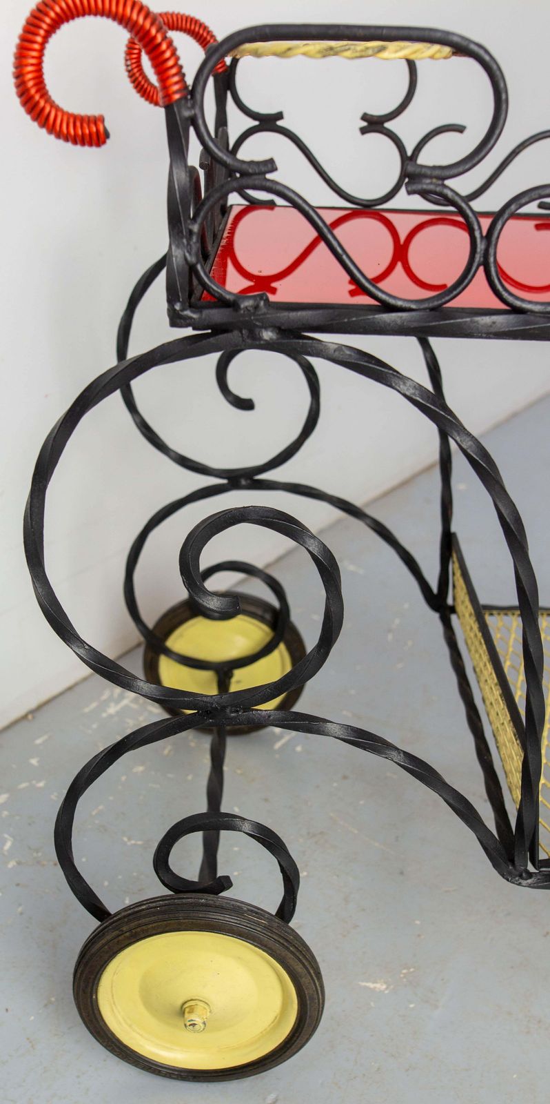 Furniture Mid Century Black Metal & Plexiglass Red & Yellow Trolley Bar Cart, Circa 1950 photo