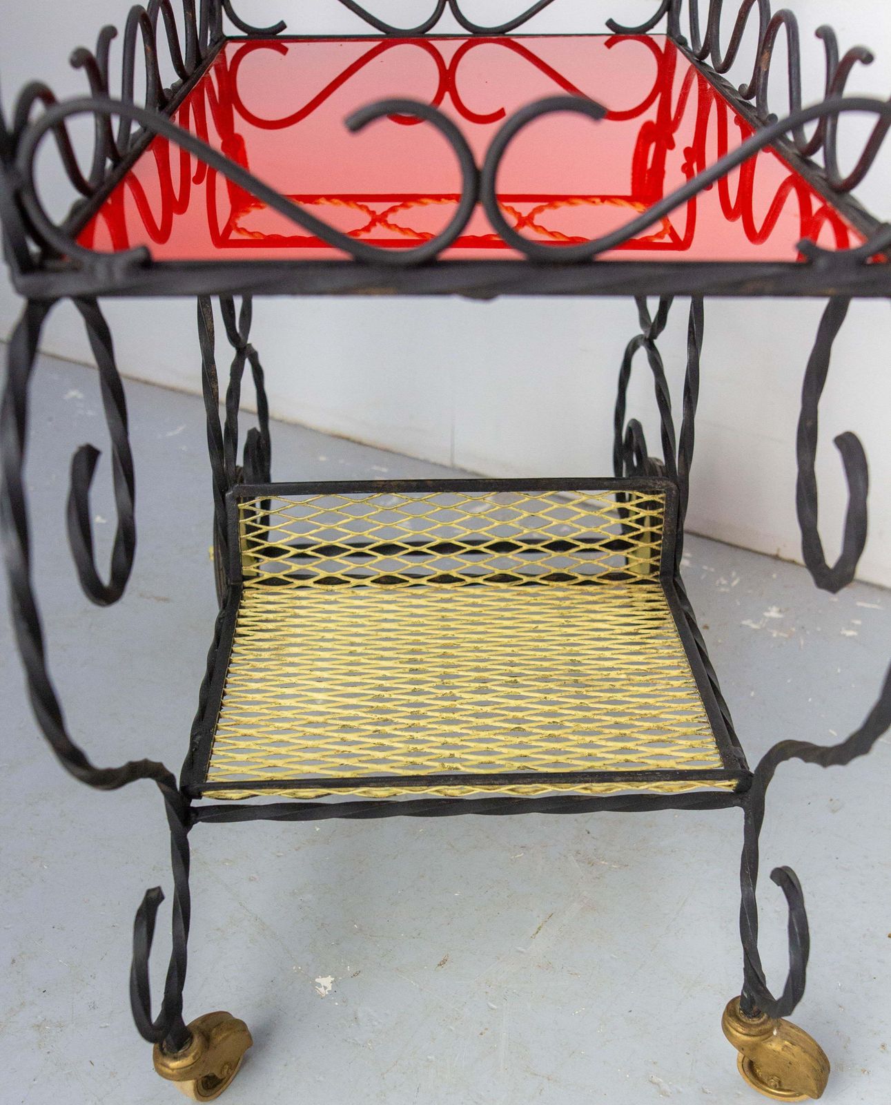 photo buy Mid Century Black Metal & Plexiglass Red & Yellow Trolley Bar Cart, Circa 1950