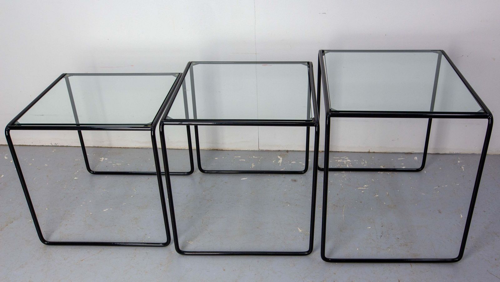 Set Of Three Nesting Tables French Bauhaus Style Metal And Glass Circa 1970 photo vinterior