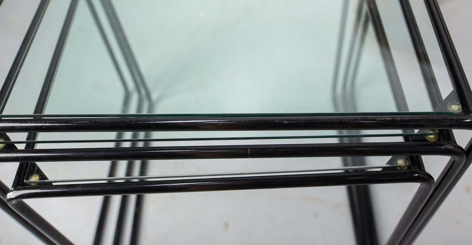 photo for sale Set Of Three Nesting Tables French Bauhaus Style Metal And Glass Circa 1970