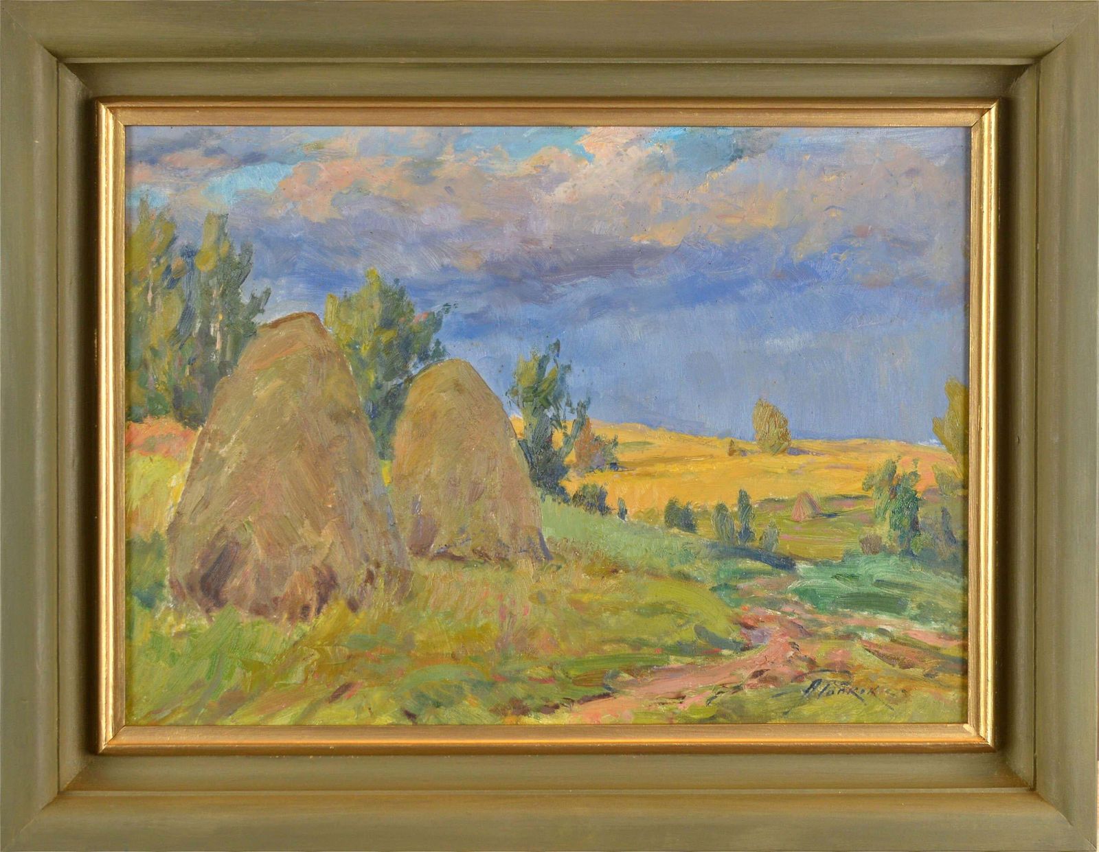 Arnolds Pankoks Landscape With Hey Stacks. Oil On Cardboard. 35x49 Cm 1990 photo furniture