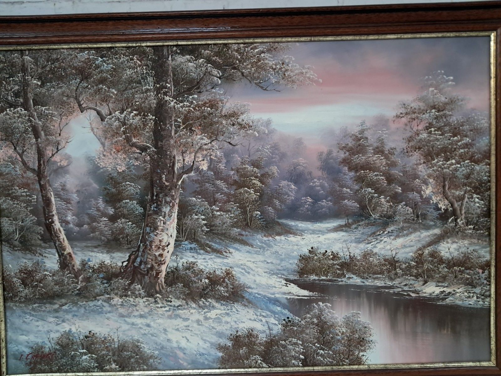 Vintage Large Oil Painting Winter Landscape Trees River Oil On Canvas Framed photo 195.0