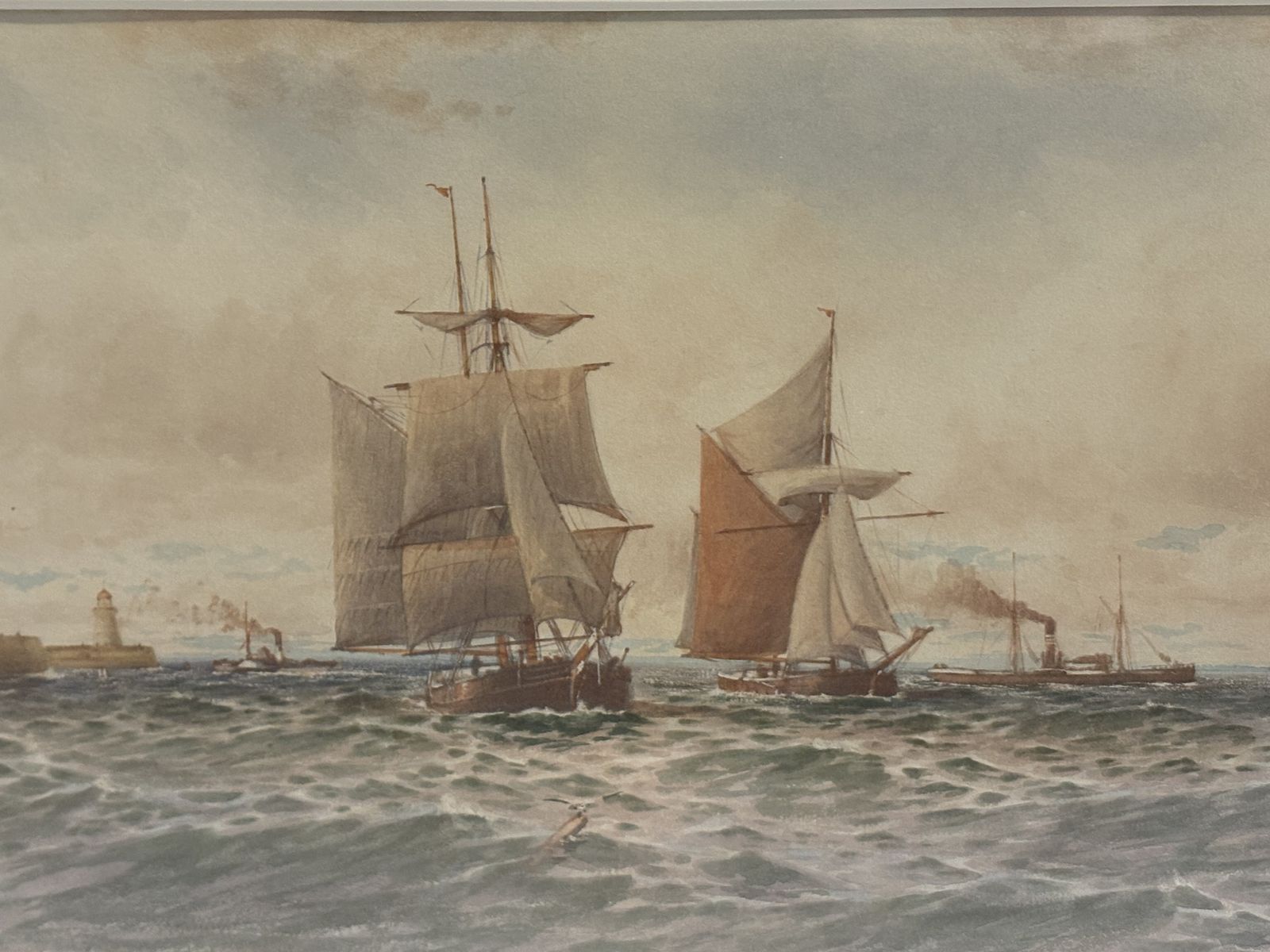 Painting Of Sailboats Passing Lighthouses Dated 1905 photo Art