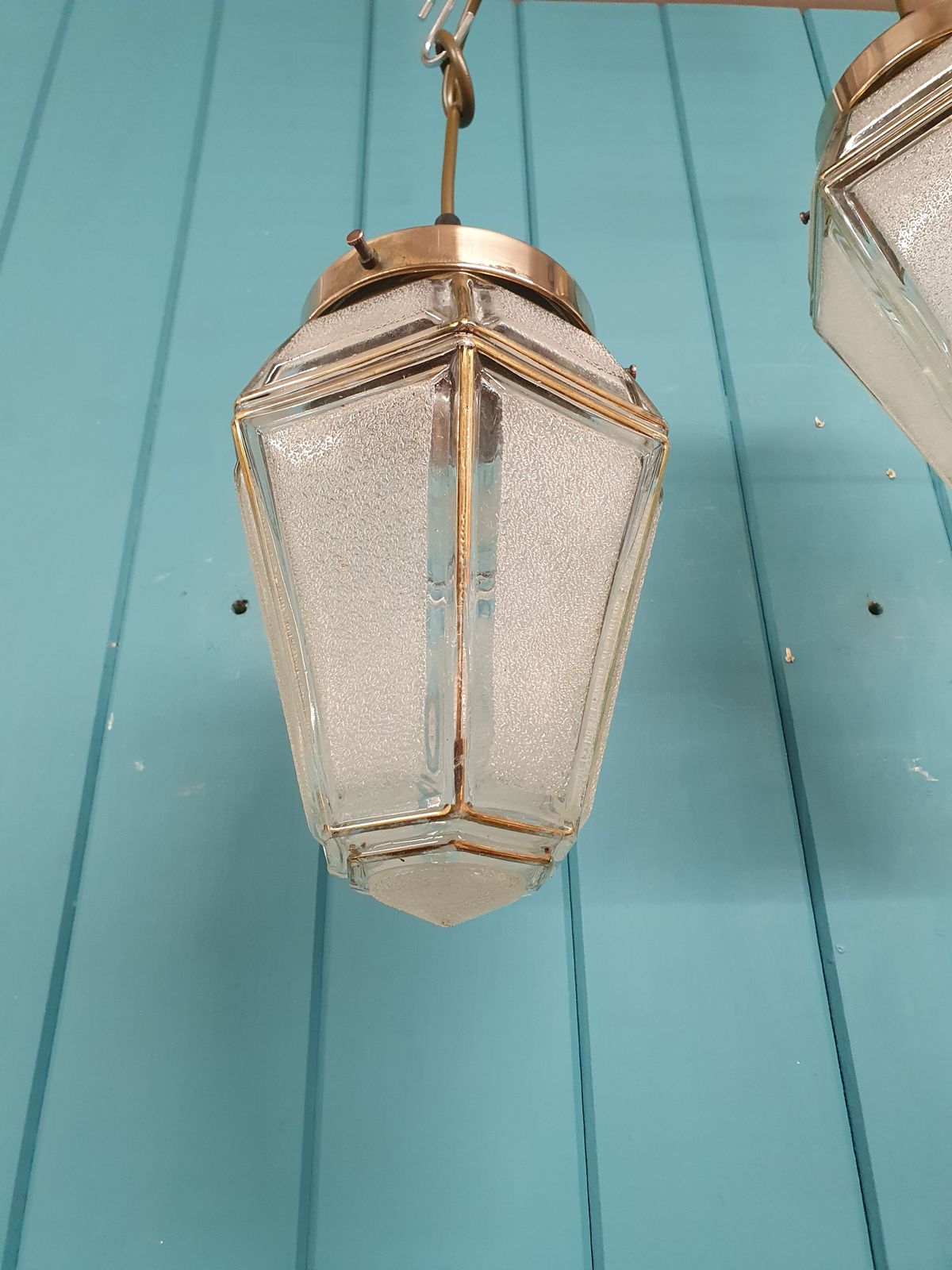 Early 20th Century Pair Of Frosted Hexagon Pendant Lights 6" photo 275.0