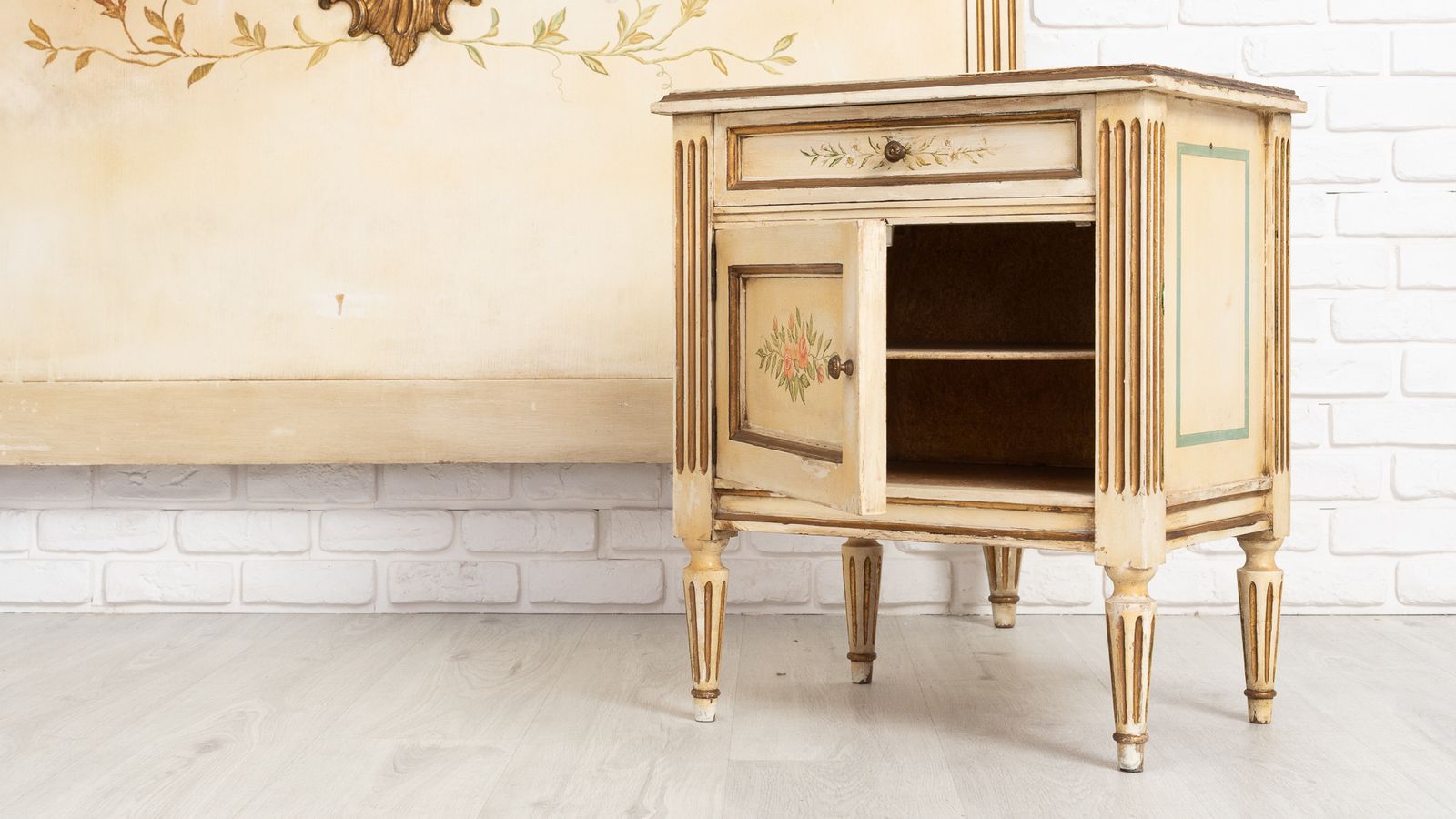 Antique Polychrome Bedroom With Decorated Headboard And Matching Bedside Tables photo for sale