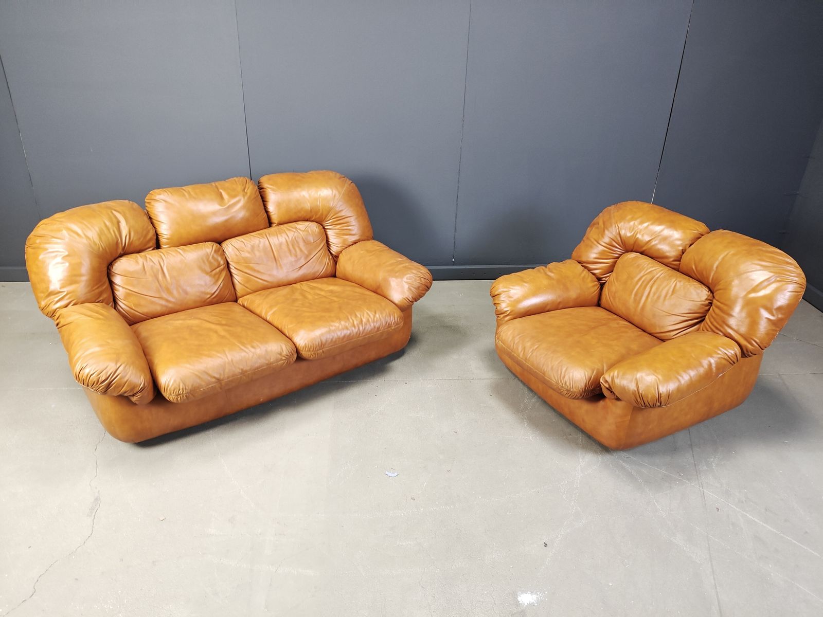 Mid Century Italian Leather Sofa Set By Ercole Biella For Grappeggia, 1970s