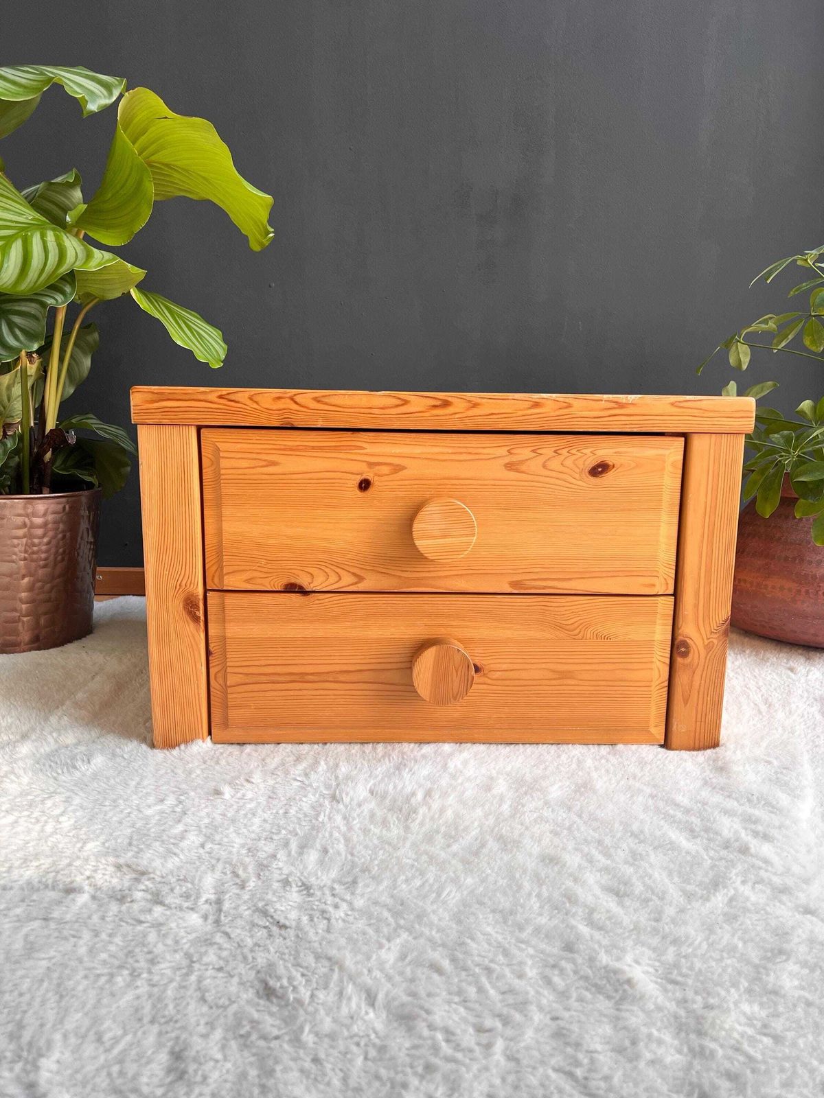 Vintage Brutalist Pine Nightstand   Low Profile Side Table Mcm 1970s