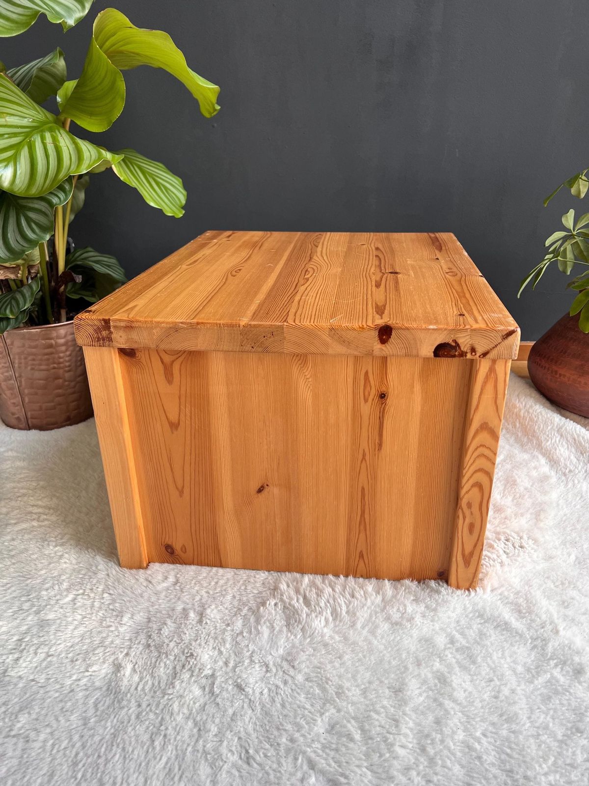 Vintage Brutalist Pine Nightstand   Low Profile Side Table Mcm 1970s photo for sale
