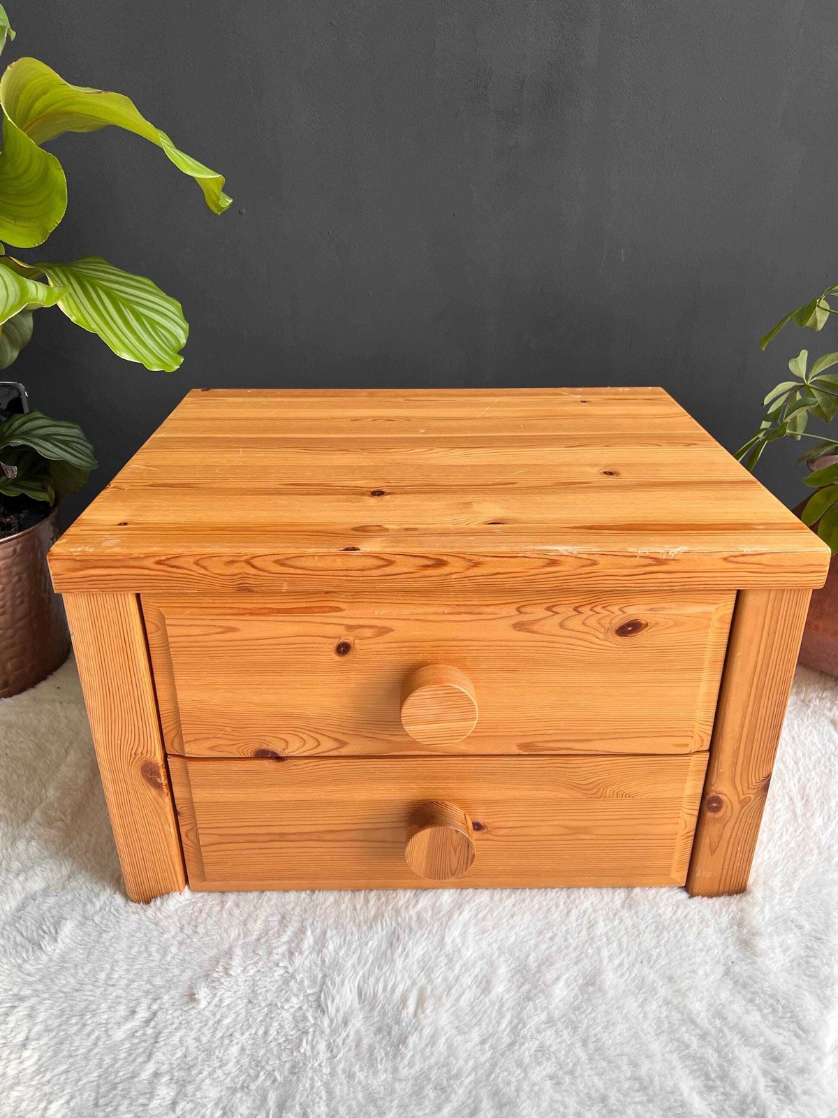 Vintage Brutalist Pine Nightstand   Low Profile Side Table Mcm 1970s photo vinterior